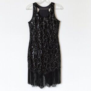 Black Sequin Fringe Cocktail Dress Size S